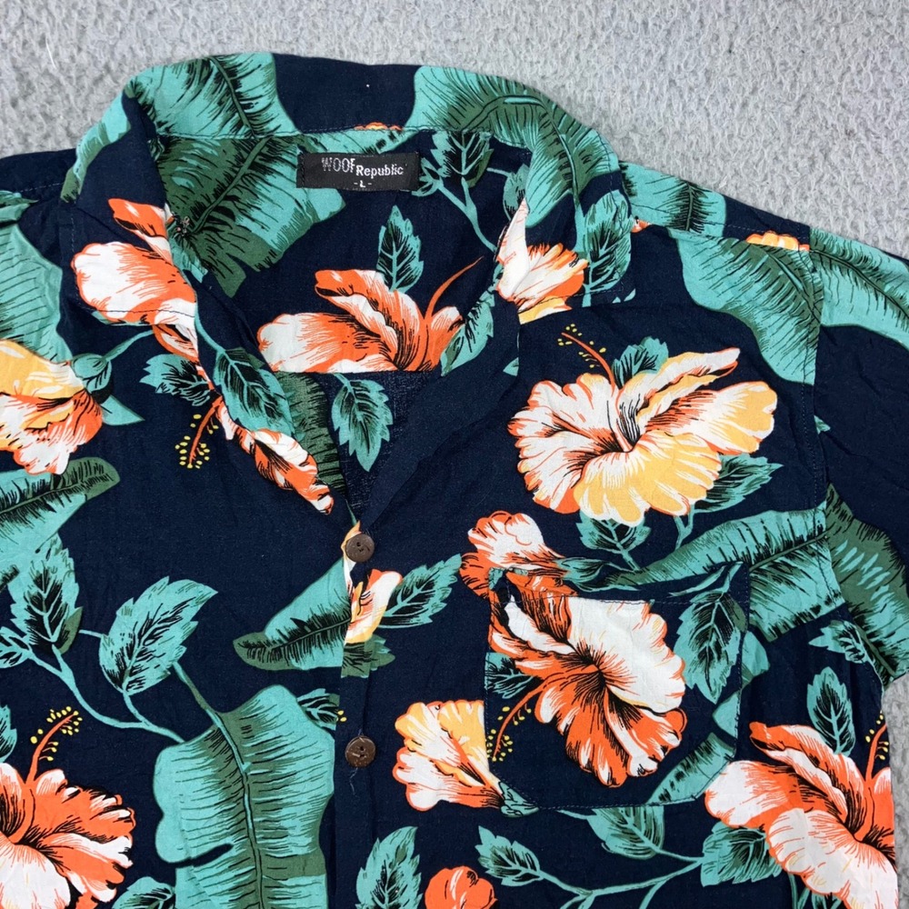 Hawaiian Button Up Shirt Men L Tropical Hibiscus Floral Blue Vaca Aloha Resort